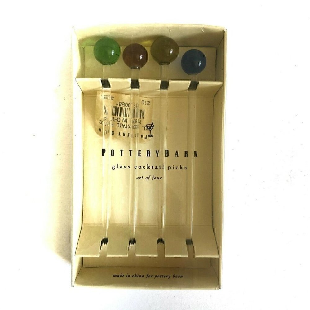Set of 4 Glass Cocktail Martini Picks POTTERY BARN Various Colors 4.25" Long EUC